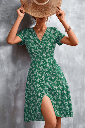 Light green floral wrap midi dress with v-neck and side slit