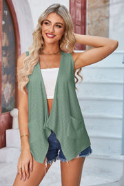 Sage eyelet drape front vest with pockets and open neckline.