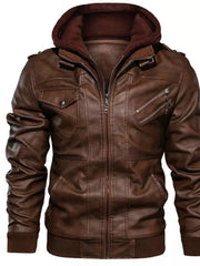 Men's brown faux leather moto jacket with attached hoodie, zipper and button details.