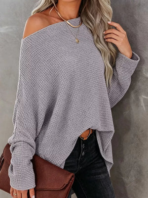 One-shoulder Waffle Knit Top in Brown, fit detail