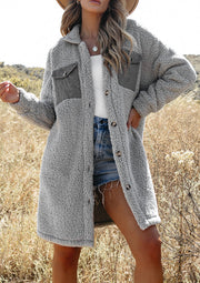 Gray sherpa coat with corduroy patch pockets and button front, styled with denim shorts.