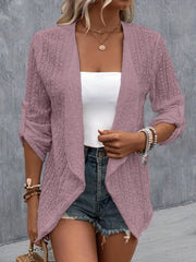 Lilac open-weave draped front cardigan with ruched sleeves and open waterfall front.
