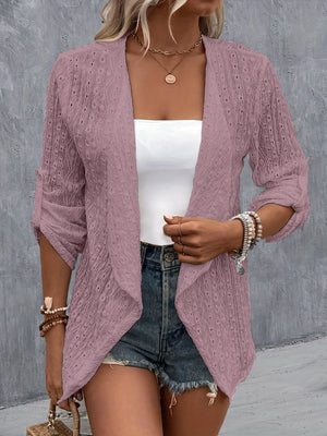 Lilac open-weave draped front cardigan with ruched sleeves and open waterfall front.