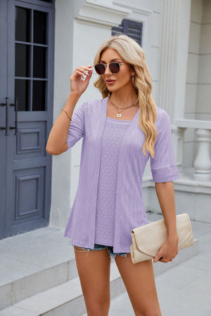 Layered knit square neck top in lavender with short sleeves and a textured pattern.