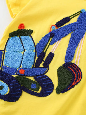 Yellow cotton t-shirt for kids with a textured blue excavator applique.
