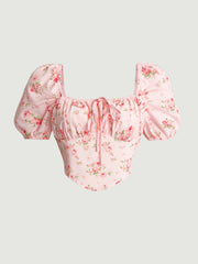 Pink floral tie front puff sleeve blouse with square neckline