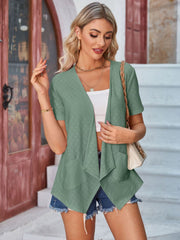 Sage green perforated shawl collar jacket with short sleeves and pockets.