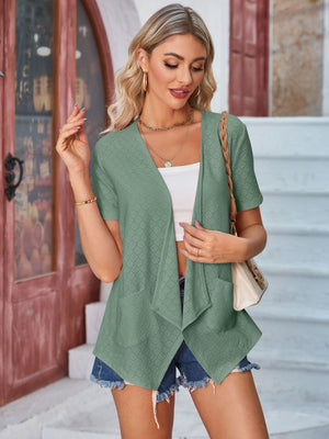 Sage green perforated shawl collar jacket with short sleeves and pockets.