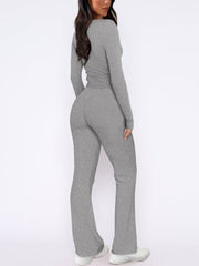 Gray long sleeve loungewear set with flared pants.