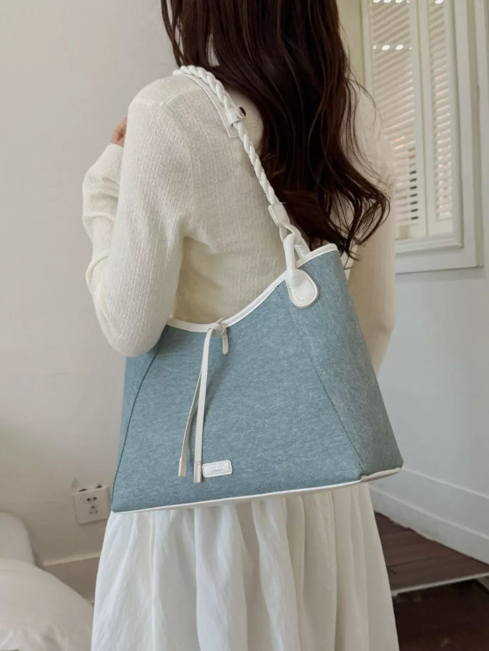 Casual Contrast Trim Shoulder Bag in Pastel Blue, model styling view