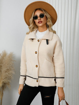 Cream teddy textured jacket with leatherette trim and button closure