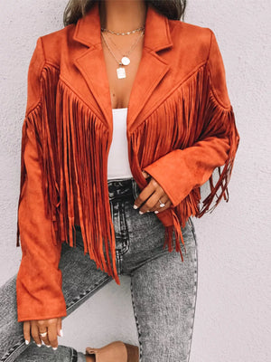 Orange cropped fringe jacket with lapels, open front, and long sleeves.