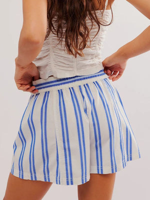 Blue and white striped shorts with elastic waistband and relaxed fit.