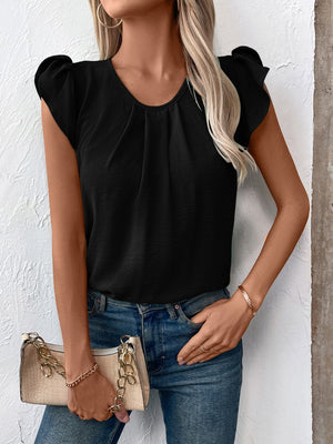 Black blouse with pleated yoke and flutter sleeves, casual scoop neck.