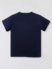 Toddler navy blue cotton blend crew neck t-shirt, basic style.