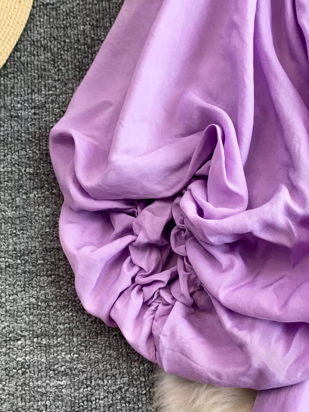 Purple bohemian maxi dress with ruched balloon sleeves and polyester fabric.