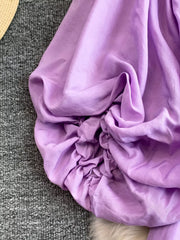 Purple bohemian maxi dress with ruched balloon sleeves and polyester fabric.
