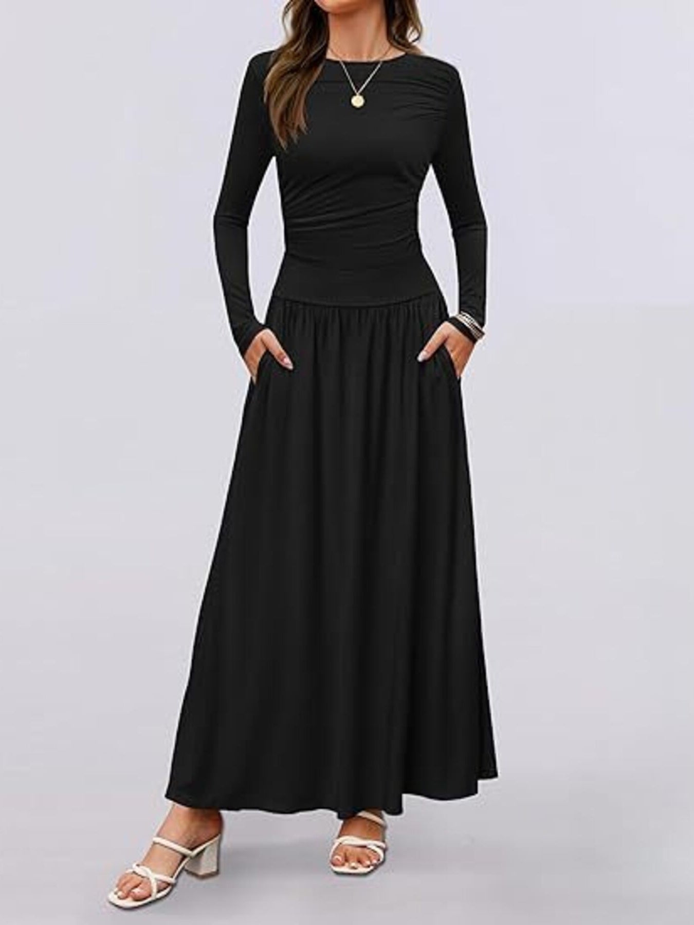 Black ruched long sleeve maxi dress with pockets