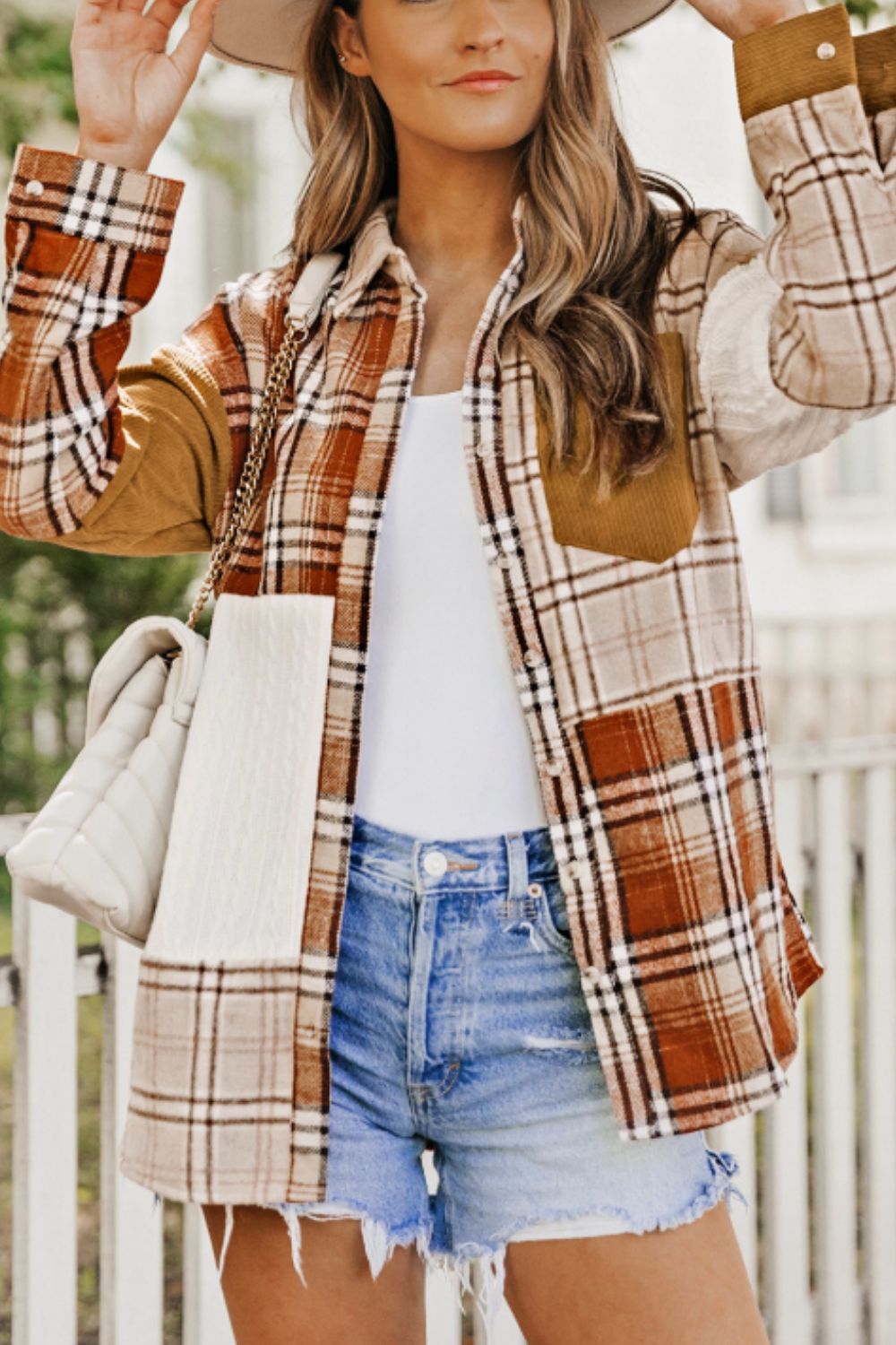 Patchwork plaid knit shacket with corduroy and textured panels, button front, Sherbet color.