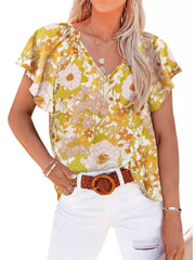 Yellow floral print polyester blouse with flutter sleeves and V-neck.