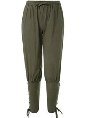 Army green drawstring trousers with lace-up hem detail