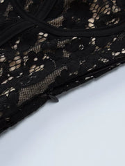 Black lace mini dress with spaghetti straps and a side zipper detail.