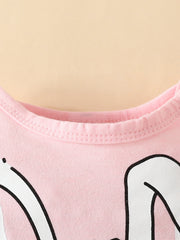 Pink baby bodysuit with bunny graphic detail and ribbed neckline.