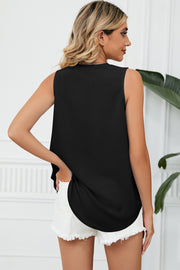 Black V-neck tank top with lace trim detail and curved hem