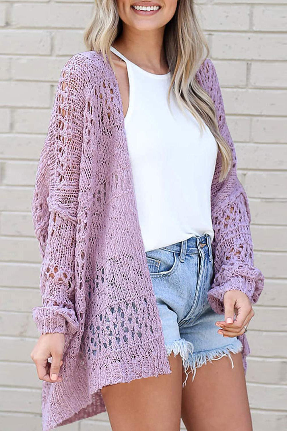 Lavender open-knit slouchy cardigan with crochet detailing and balloon sleeves.