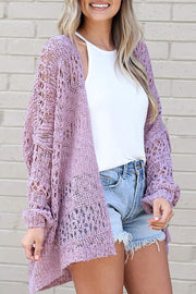 Lavender open-knit slouchy cardigan with crochet detailing and balloon sleeves.