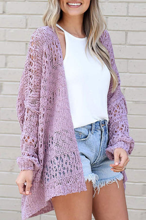 Lavender open-knit slouchy cardigan with crochet detailing and balloon sleeves.