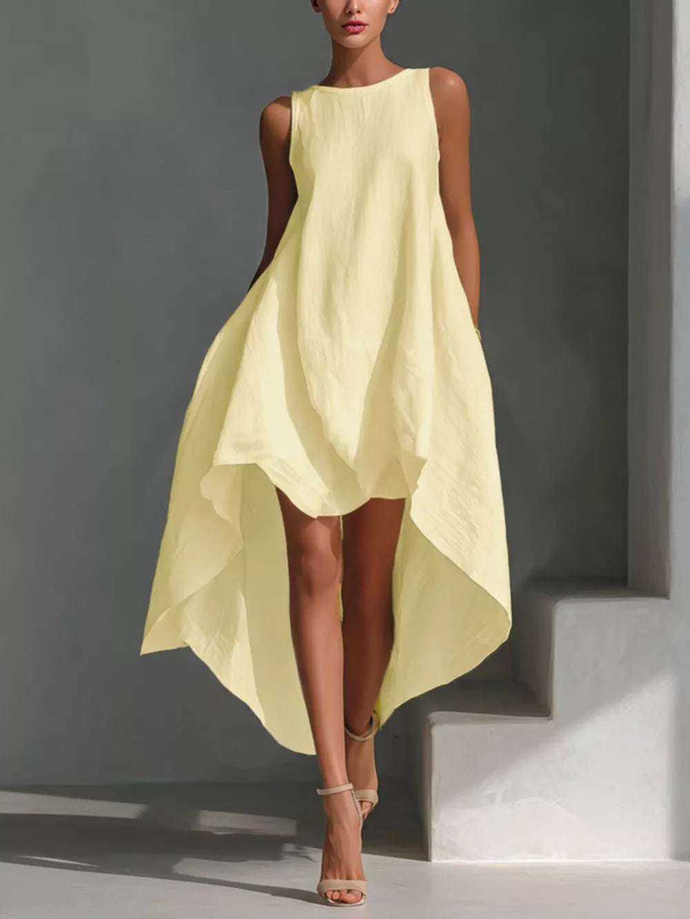 Pastel yellow sleeveless asymmetrical flowing dress with a high-low hem.