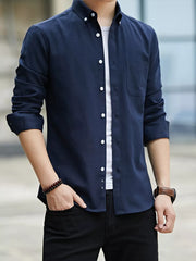 Navy blue cotton casual button-down shirt with a chest pocket.