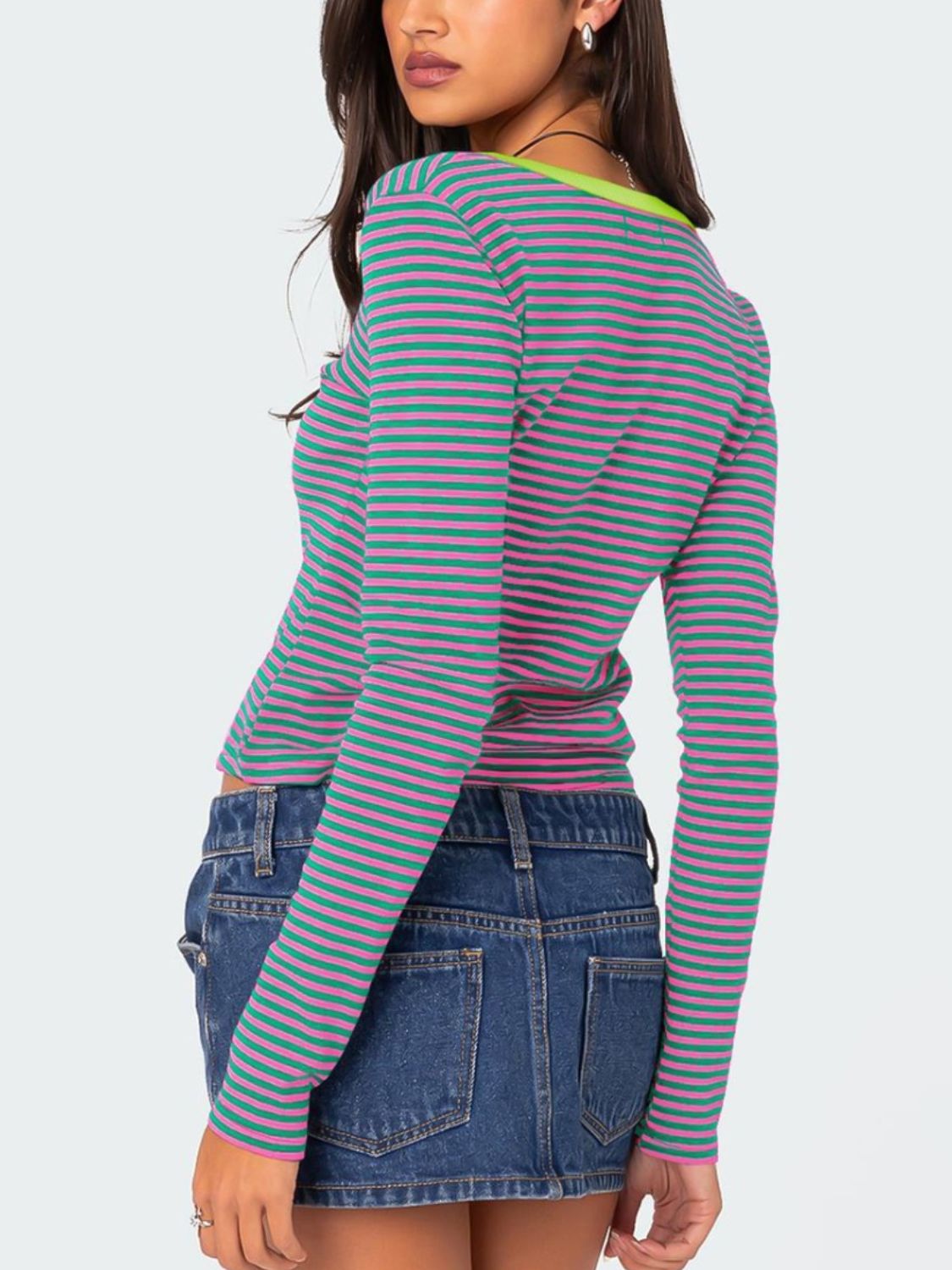 Striped long sleeve henley with contrast collar in pink and green.
