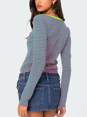 Striped long sleeve henley with contrast collar in pink and green.