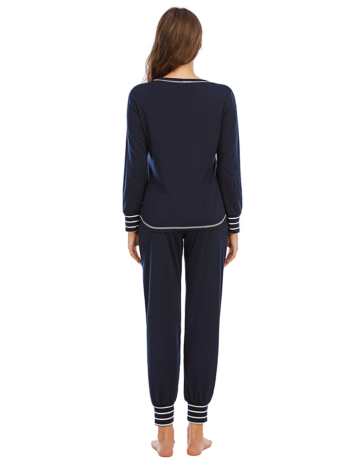 Dark Navy loungewear set with white striped trim on neckline, cuffs, and ankles.