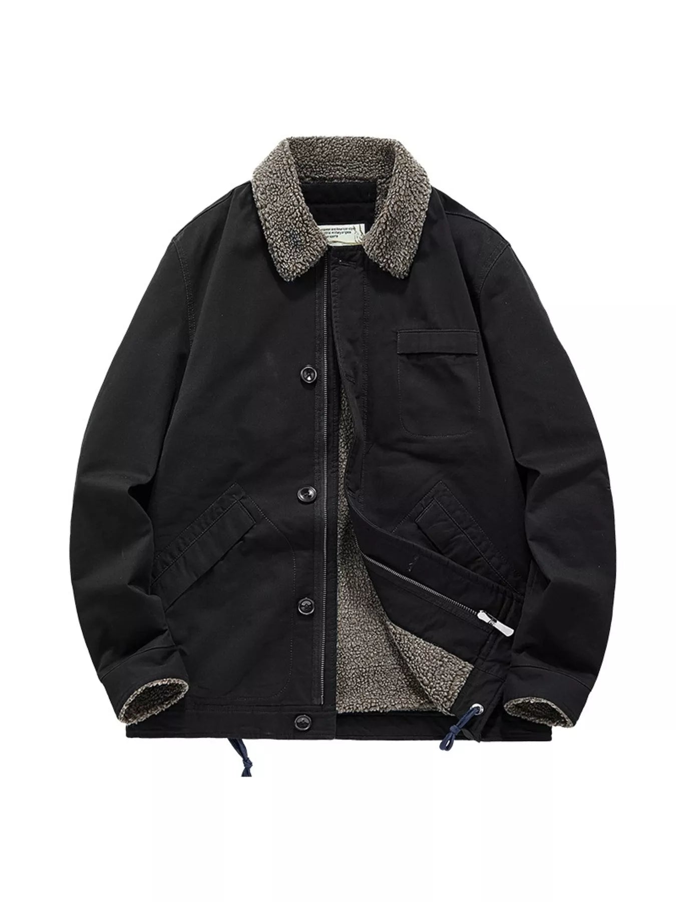Black sherpa collar jacket with button-up front and sherpa lining.