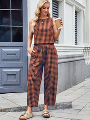 Brown gingham cropped tank and wide leg pants set with pockets.