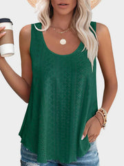 Dark Green eyelet scoop-neck trapeze tank top with a breathable, casual fit.