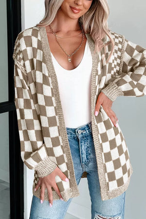 Checkerboard knit cardigan with ribbed trim and button-down front.