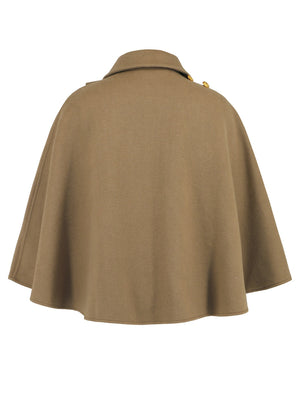 Camel asymmetric cape jacket with button detail and collar
