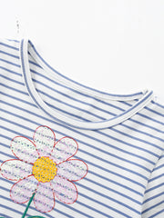 Toddler striped dress with sequin flower applique detail.