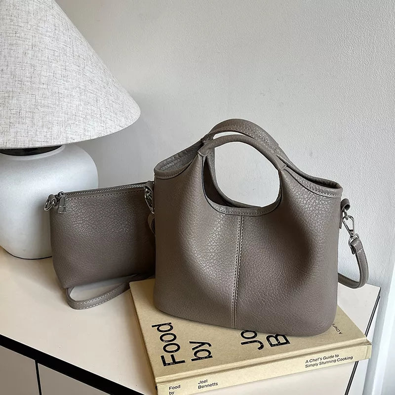 Textured Leather Crossbody Bag With Pouch in Gray, close-up detail