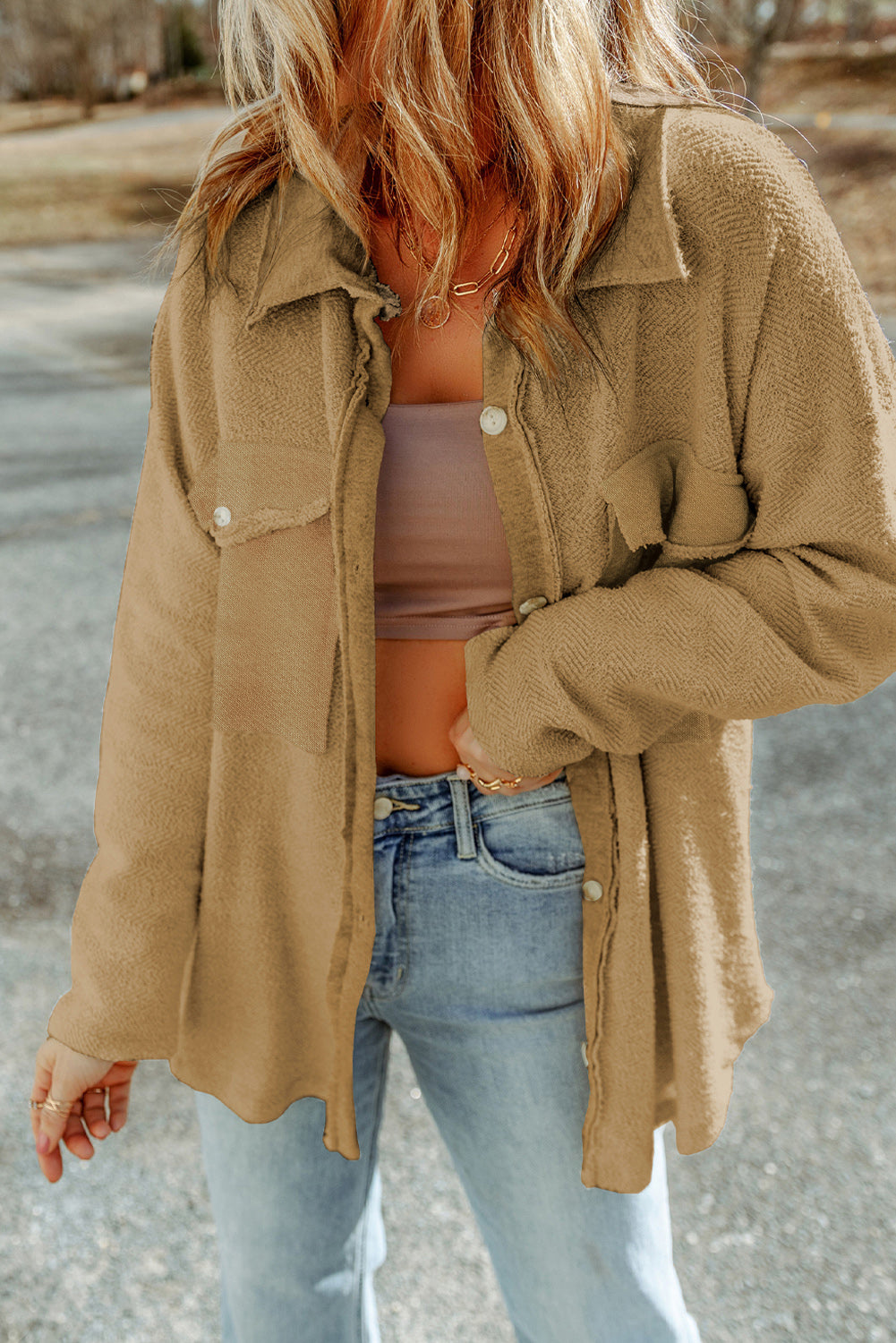 Camel textured shacket with raw edge detailing and button closure