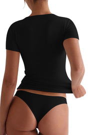 Black V-neck second-skin tee with short sleeves, showing a close-up of the back.