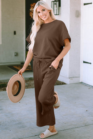 Mocha textured knit tee and wide leg pants set with drawstring waist and pockets.