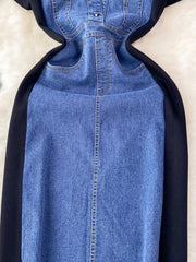 Denim patchwork short-sleeve dress in dark blue with button-down front and black side panels.