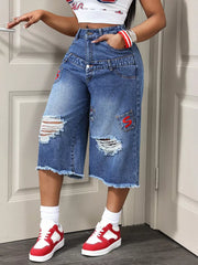 Distressed Wide-leg Denim Capris, close-up detail