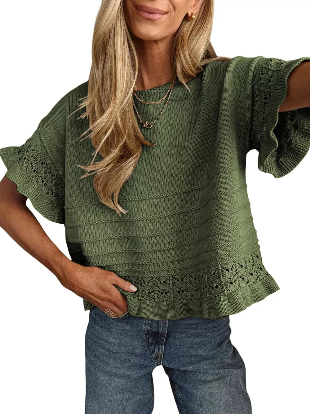 Army green knit top with crew neck, short sleeves, and delicate lace trim.