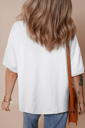 White cotton t-shirt with rolled sleeves and a relaxed fit, shown from the back.
